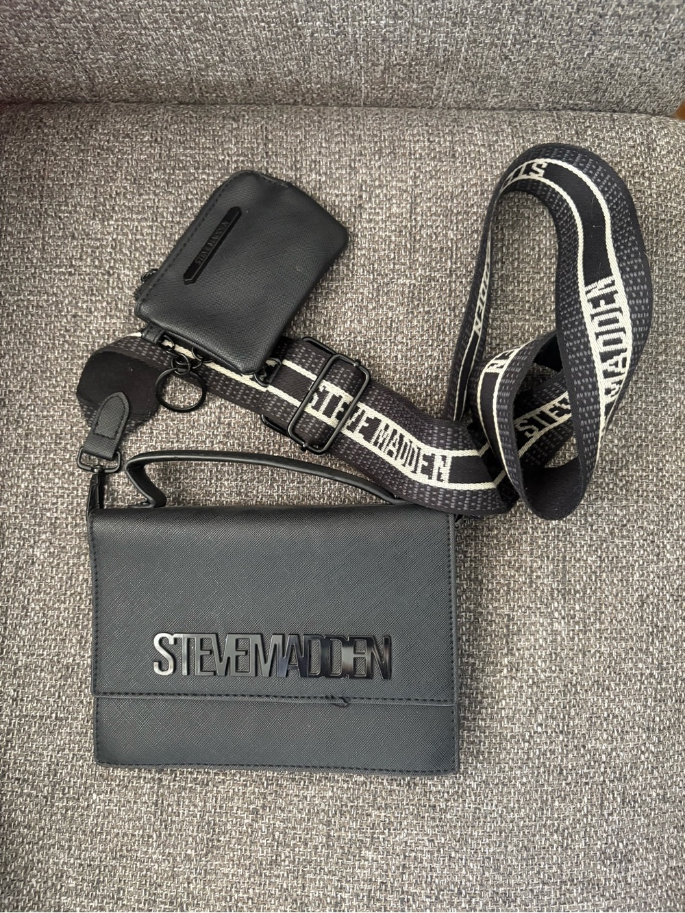 Steve Madden Black Logo Crossbody with Branded Webbing Strap
